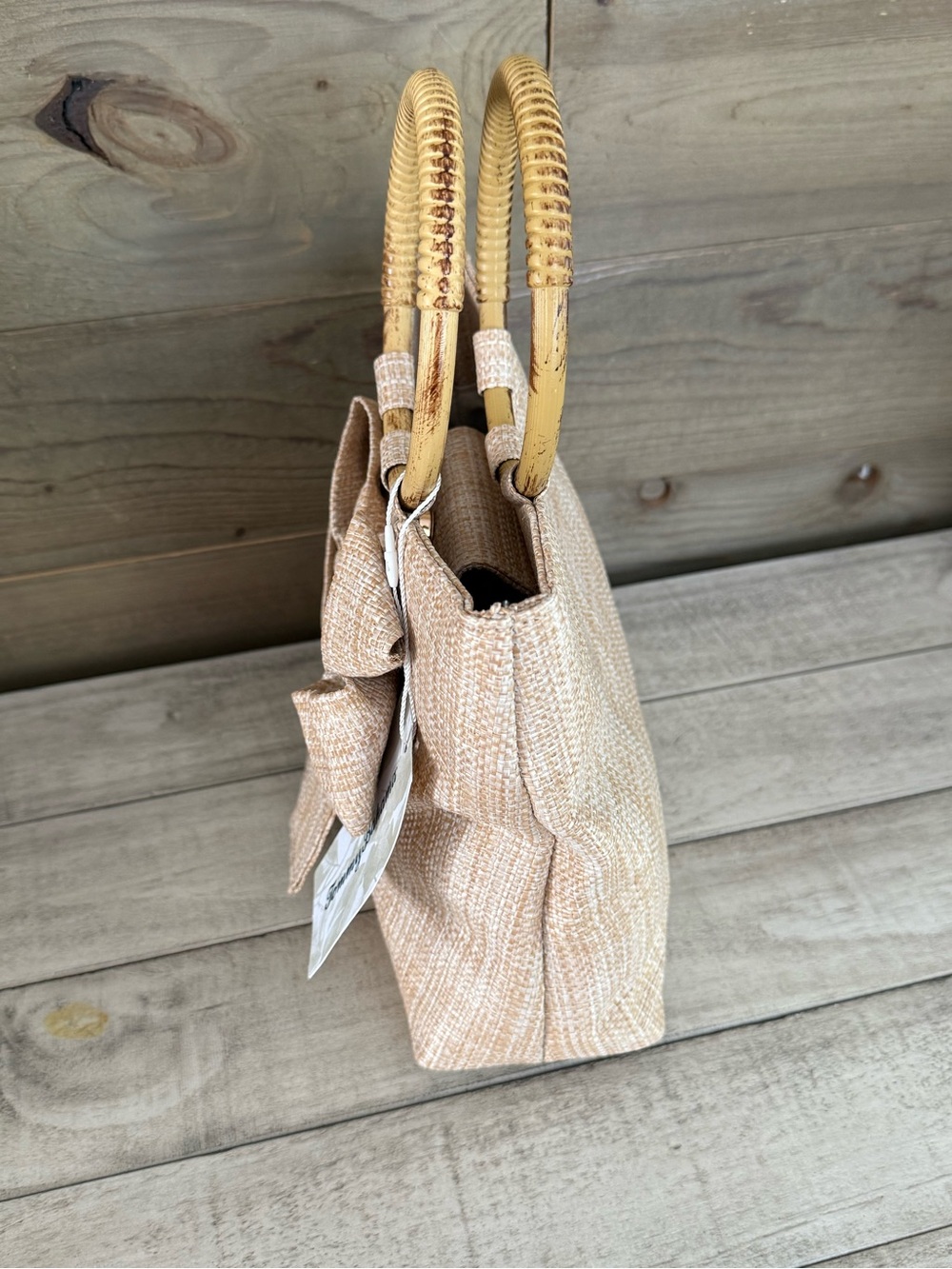 TOMMY BAHAMA Bow Accent Woven Tote Bag with Bamboo Handles - Beige - Picture 6 of 9